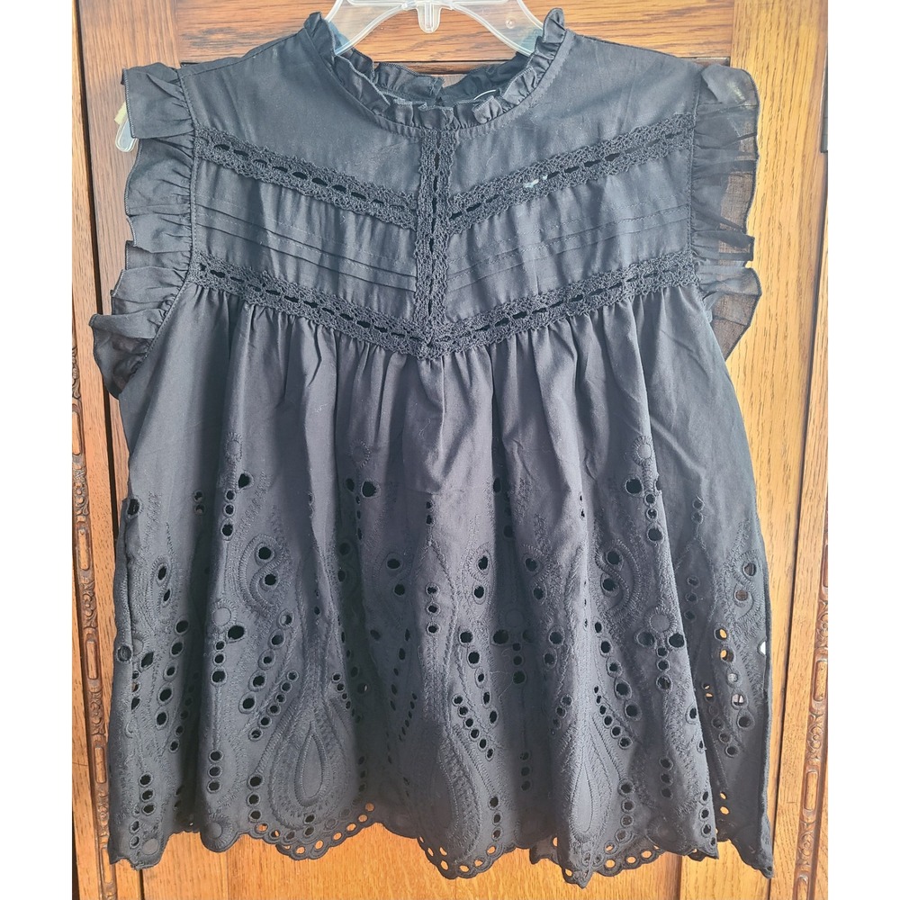 Honey & t Black Eyelet Lace Ruffle Sleeveless Cotton Top Blouse M J2B1460B471